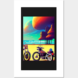 SURREAL RETRO MOTORCYCLES ON THE BEACH Posters and Art